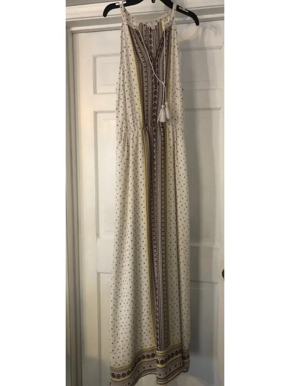 Maxi Length Cream Brown Yellow Bono Style Spaghetti Strap w/ Tassel Dress Sz M
